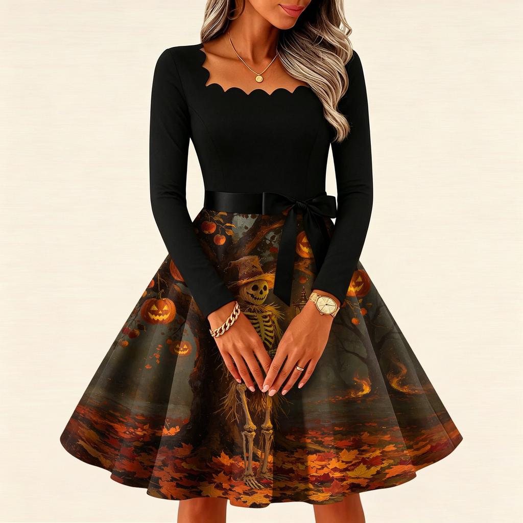 Women's Vintage Long Sleeve Square Neck Dress with Halloween Print for Party Evening Wear