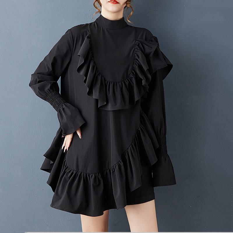 

Платье женское большого размера с длинным рукавом, черное винтажное новое, повседневное свободное мини-платье, короткое, на весну-осень