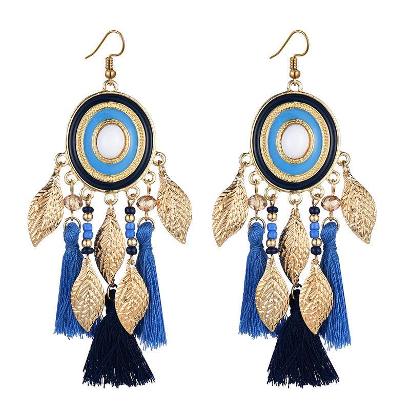 Vintage Ethnic Long Tassels Earrings For Women Boho Gold Color Leaf Drop Exaggerated Dangle Earring Female Party Jewelry