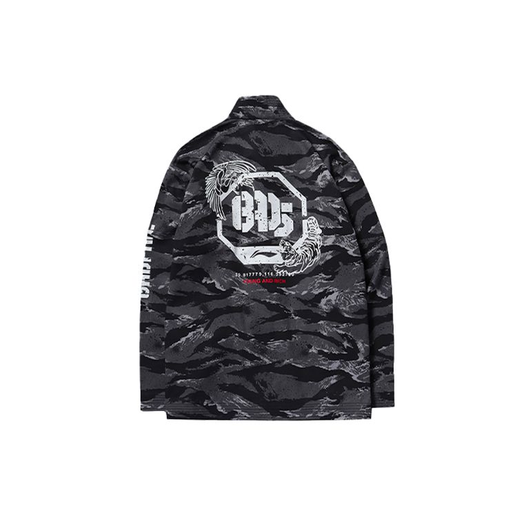 Li Ning Badfive Basketball Series Retro Style Button Collar Jacket Men Jacket Standard-Black-Camouflage AJDN181-1
