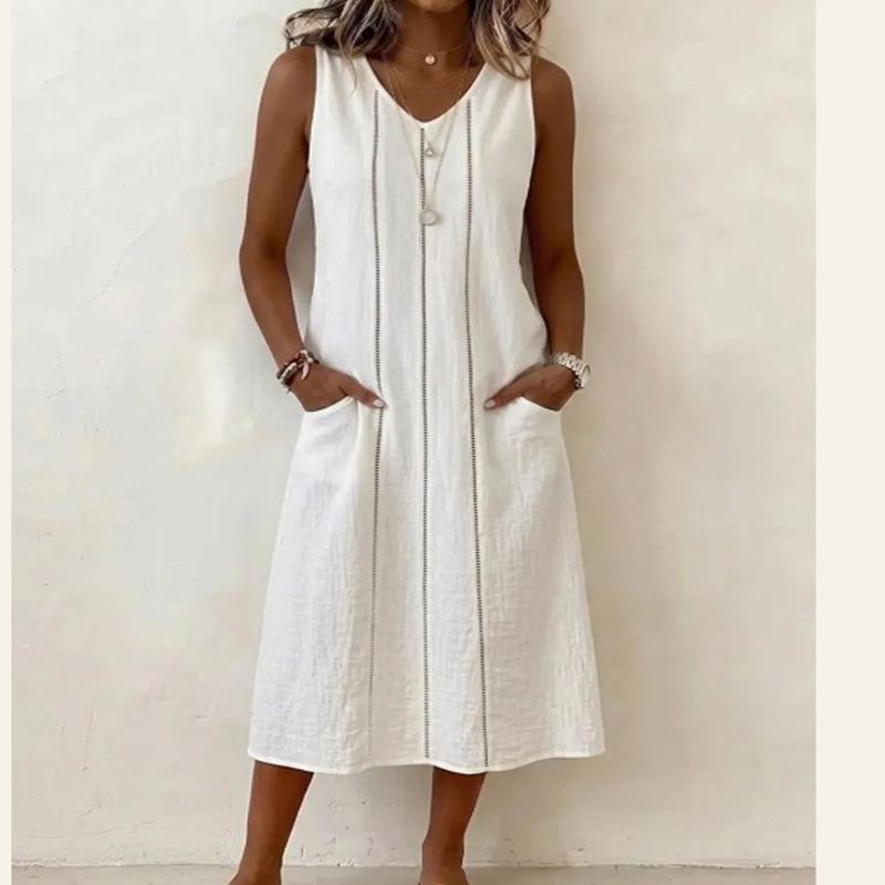 European and American women's clothing summer new V-neck sleeveless lace pocket cotton and linen dress