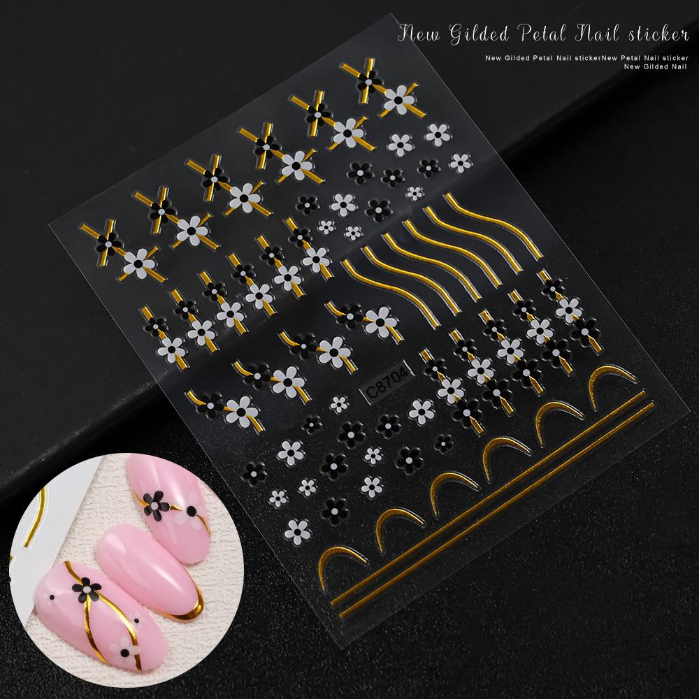 1pc Bronzing Flower Nail Art Stickers Metal Golden Wave Lines Floral Decals Self-Adhesive Geometry Sliders Manicure Decoration