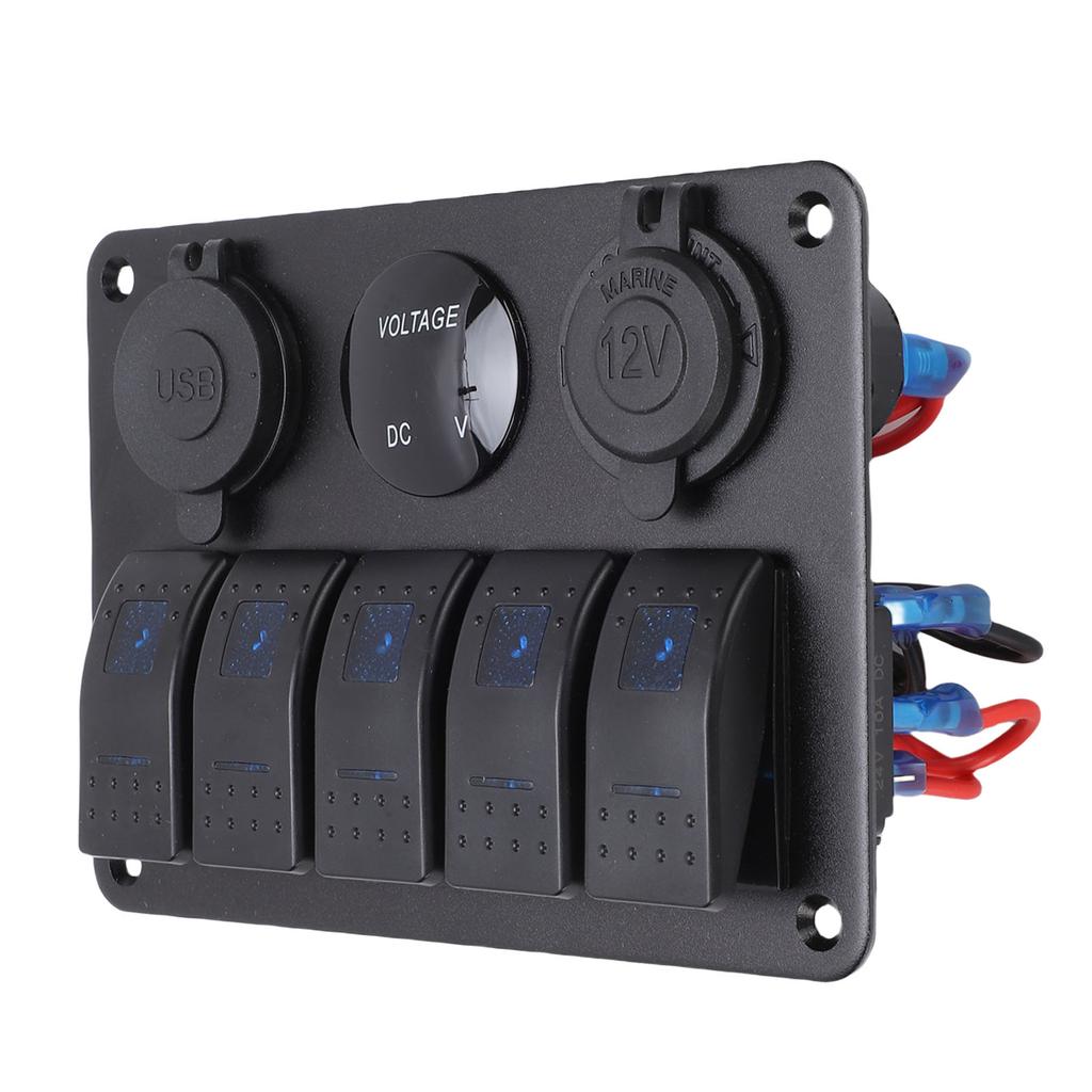 5 Gang Rocker Switch Aluminum Panel with Blue Backlight Dual USB Ports Volt Meter Waterproofing On Off Toggle Switch