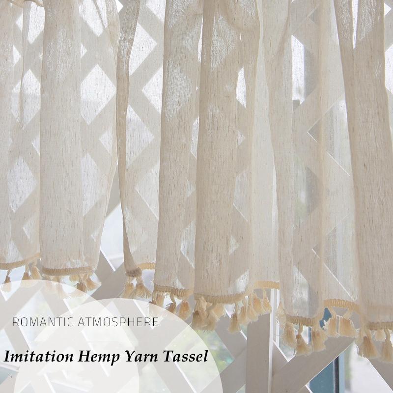 

Japanese Style Flax Yarn Lace Short Curtains French Pastoral Tulle Decoration Half Curtain Gauze Kitchen Tassel Valance W100 x H40cm&Threading Rod