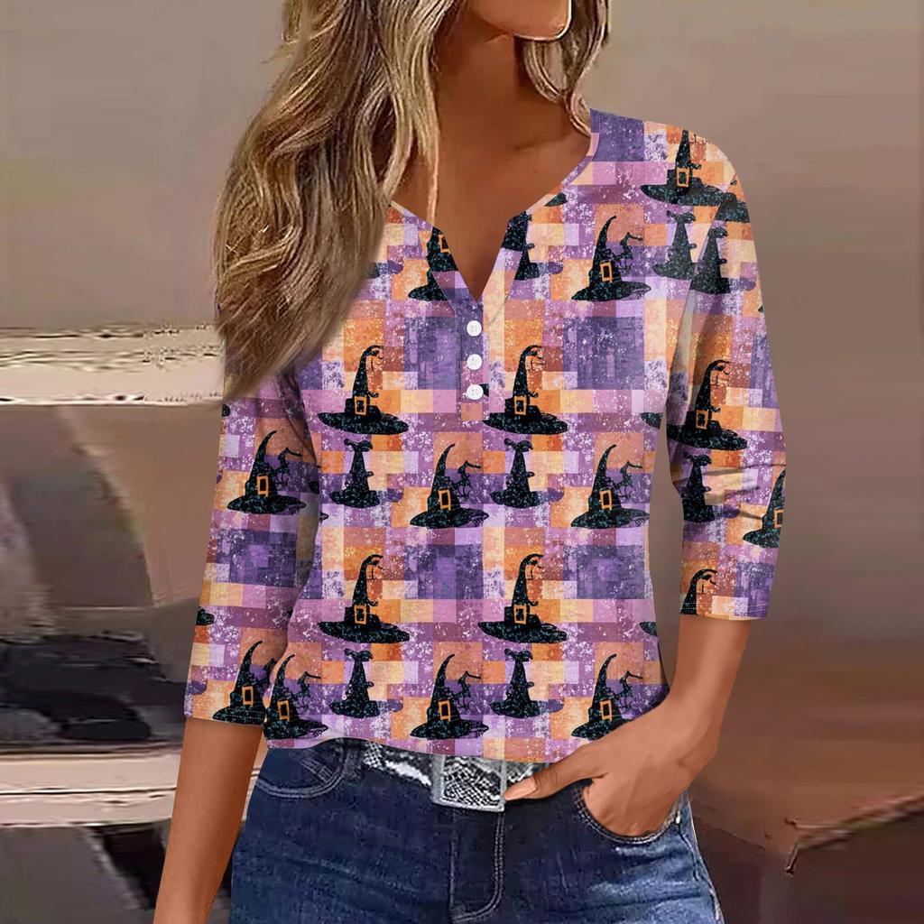 Top T-shirt da donna con scollo a V, bottoni, maniche a tre quarti, per Halloween