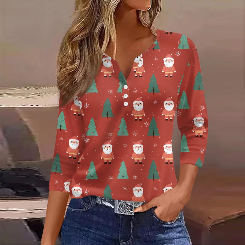 Women's Casual Fashion V-neck Loose Versatile Christmas Print Three-quarter Sleeve Top