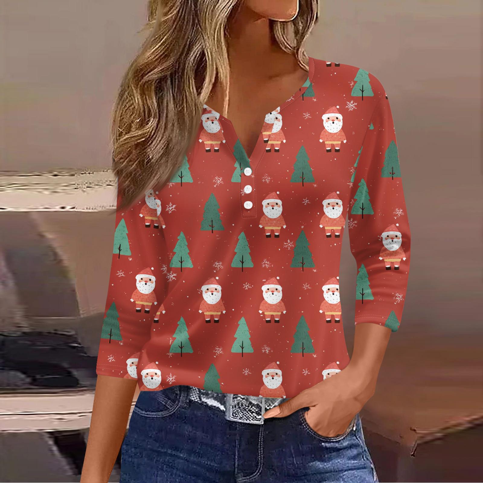 

Женский повседневный модный топ с V-образным вырезом, свободного кроя, универсальный, с рождественским принтом, рукав три четверти S