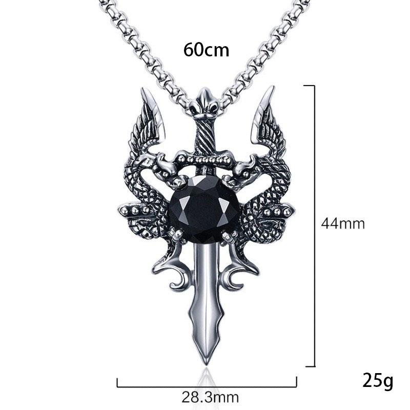 Titanium Steel Dragon Necklace, Double Dragon Retro Men's Domineering and Trendy Men's Inlaid Red and White Zircon Pendant