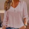 EastRogue Women's Fashion Casual Summer Solid Color Print Long Sleeve V-Neck Jacquard Button Loose Blouses & Shirts