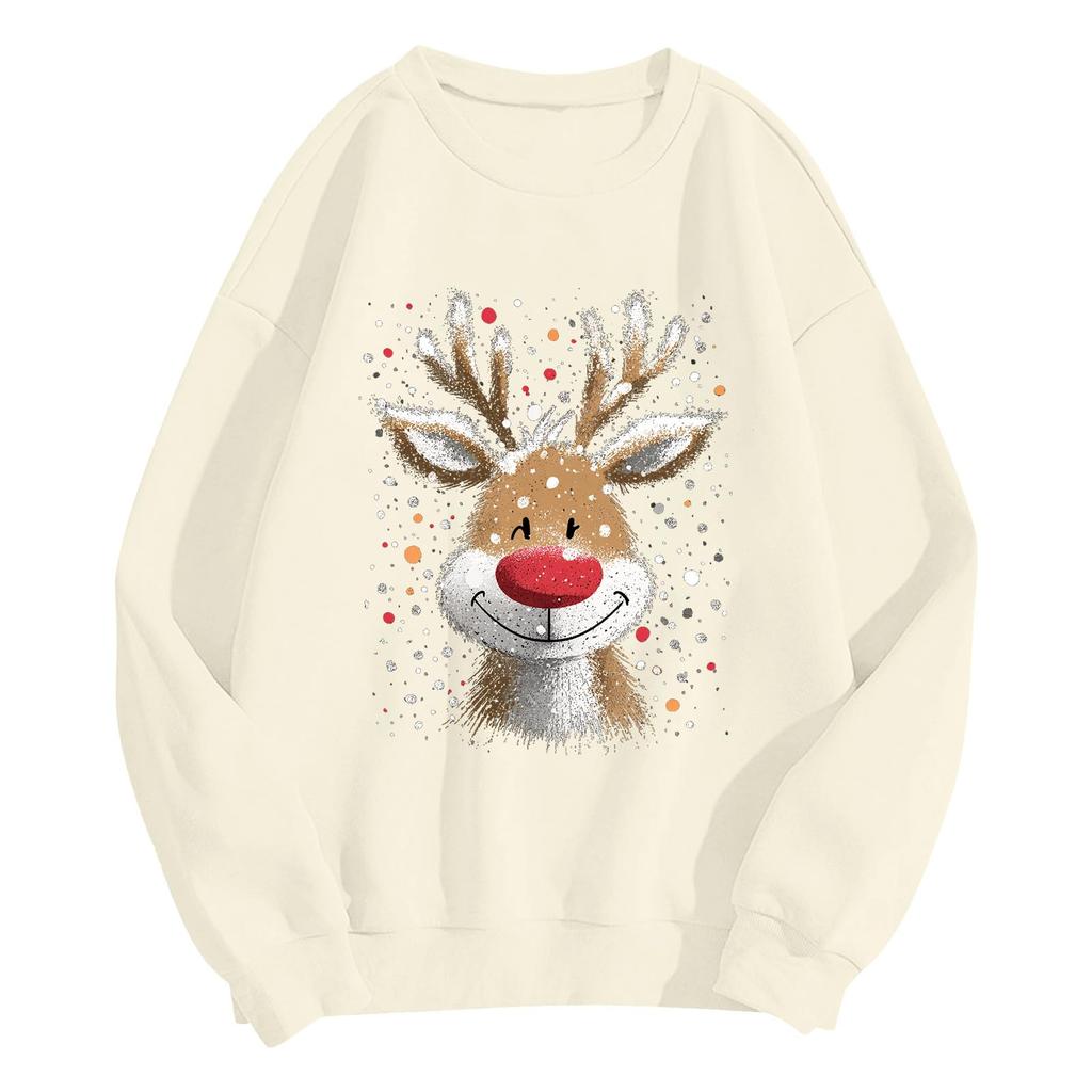 Women's Fashionable Casual Long-Sleeved Loose-Fit Christmas Print Round-Neck Pullover Sweatshirt