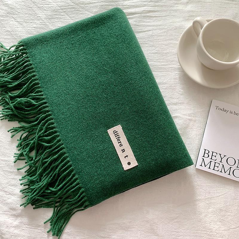 Flowing Fringe, Color-blocked, Simple Design, Faux Cashmere-like Scarf, Winter-thick, Cape-style, Student-friendly, Solid Color.