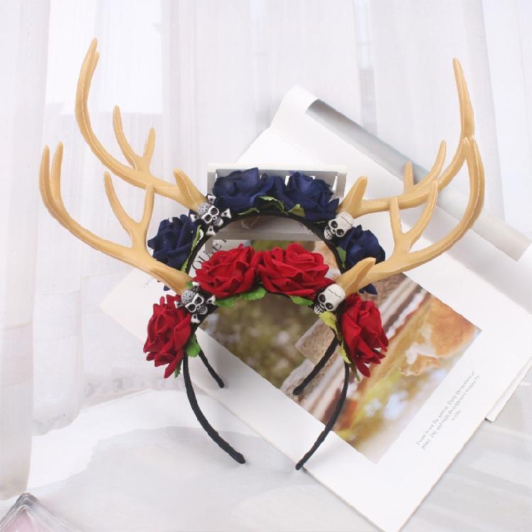 Gothic Flower Skull Headdress Deer Horn Headband Halloween Party Accessories