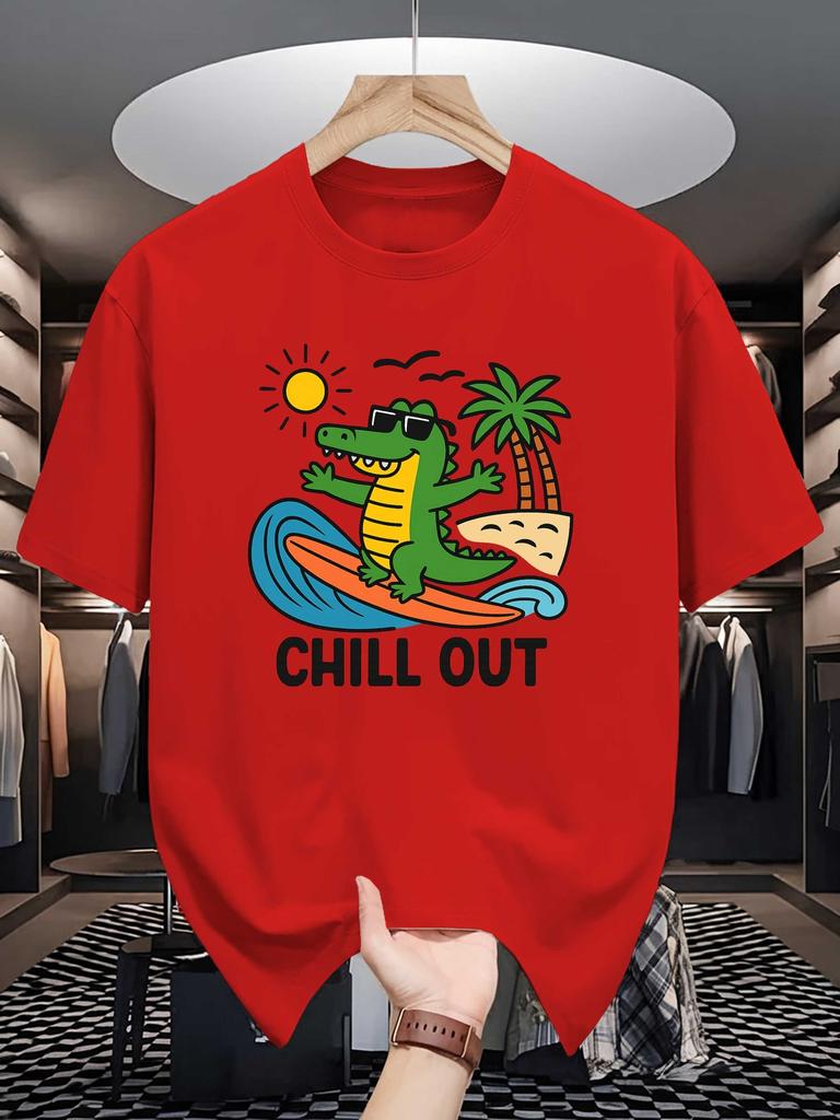 Unisex Crew Neck Tee Surfing Crocodile Chill Out Beach Art Print Soft Cotton Loose Short Sleeve Summer Casual Male Streetwear Tops