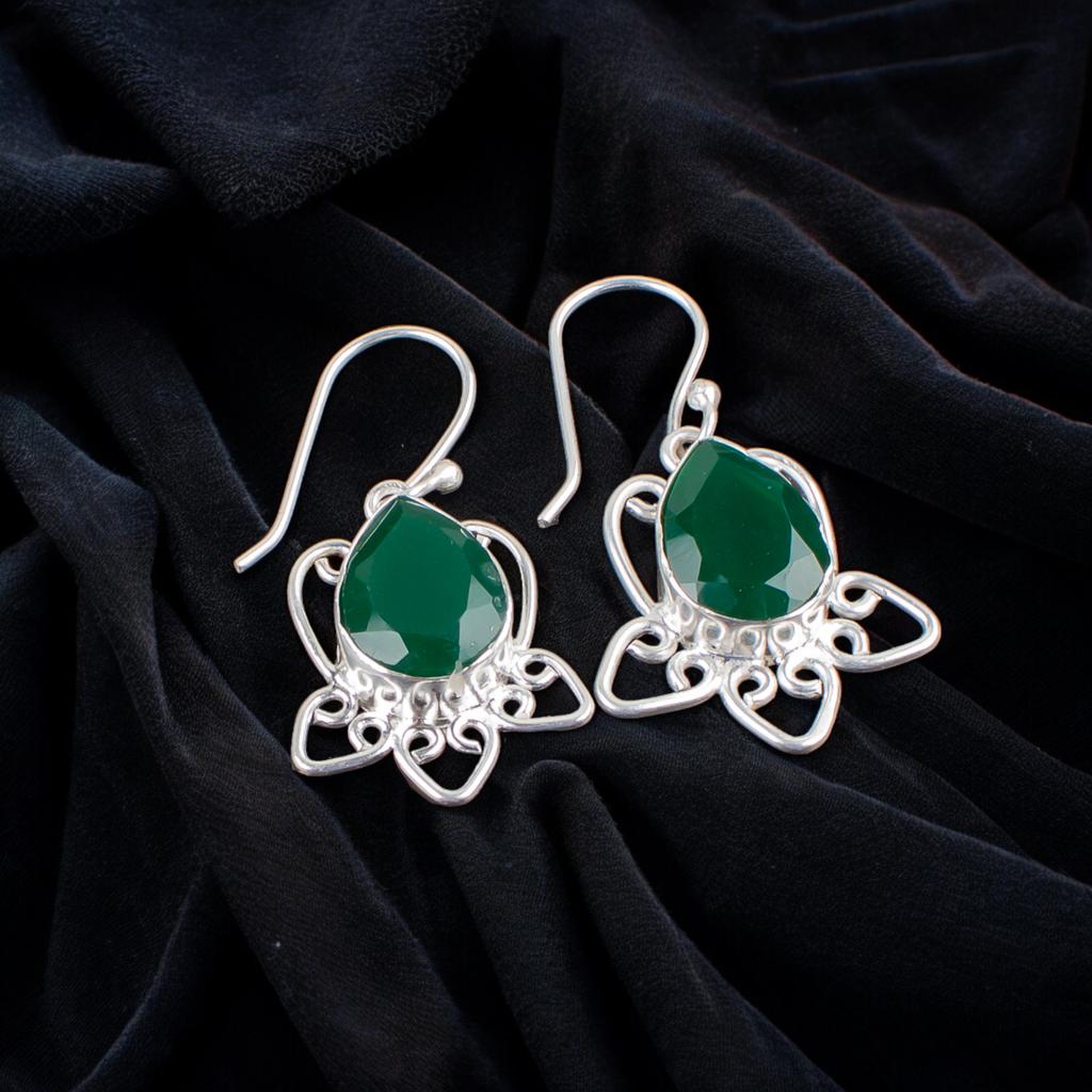 Green Onyx Faceted Gemstone 925 Sterling Silver Artisan Jewelry Earrings For Her EE-40-16