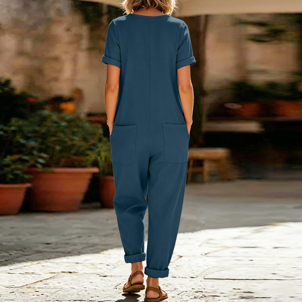 Women's Color Casual Short Sleeved Loose Pocket Overalls Long Jumpsuit