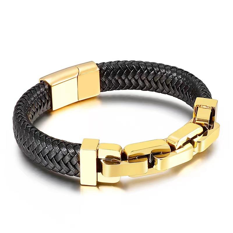 Accessories Men's Bracelet Wide Square Chain Splicing Leather Bracelet Accessories Stainless Steel Bracelet