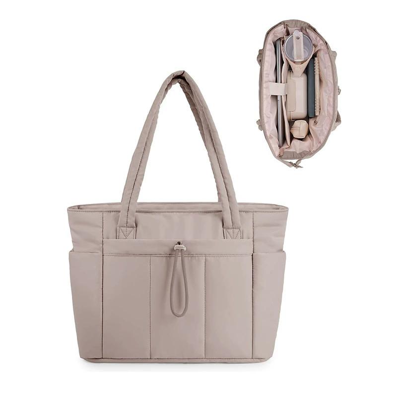 Women's Lightweight Quilted Tote Bag with Compartments, Large Capacity 15.6 Inch Laptop Shoulder Bag for Work, Nurse, Teacher, Travel & Gym