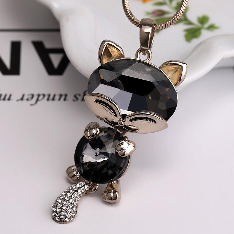 Unique Cat Character Crystal Sweater Necklace Long Chain Fashionable Alloy Jewelry Women For
