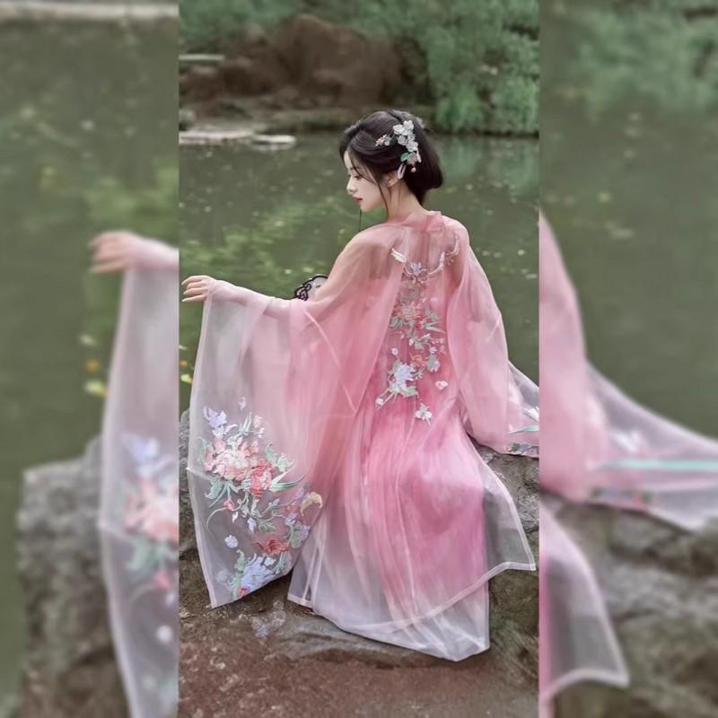 Tang Dynasty Style Hanfu Set With Embroidered Peony Motif Wide Sleeve Top High-Waist Skirt Women