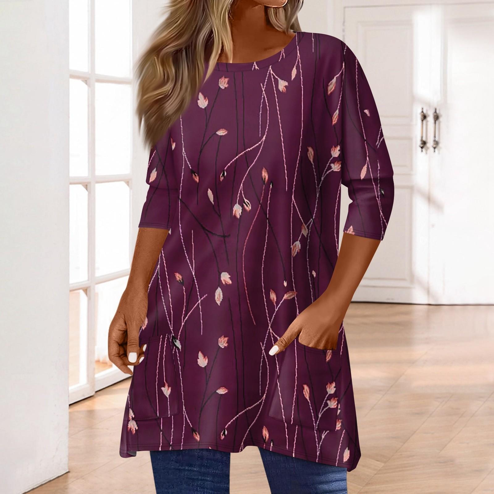 

3/4 рукава кармана топы для женщин футболка повседневный принт средней длины топы футболка круглый вырез пуловер блузка M