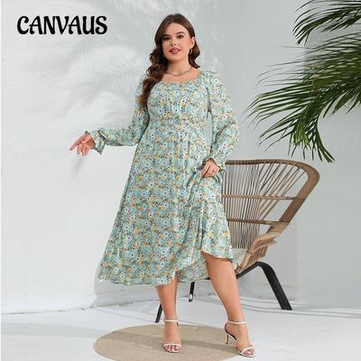 Frühlings- und Herbst Damen Übergröße Elegantes Blumenkleid Rüschenärmel Lange Kleider
