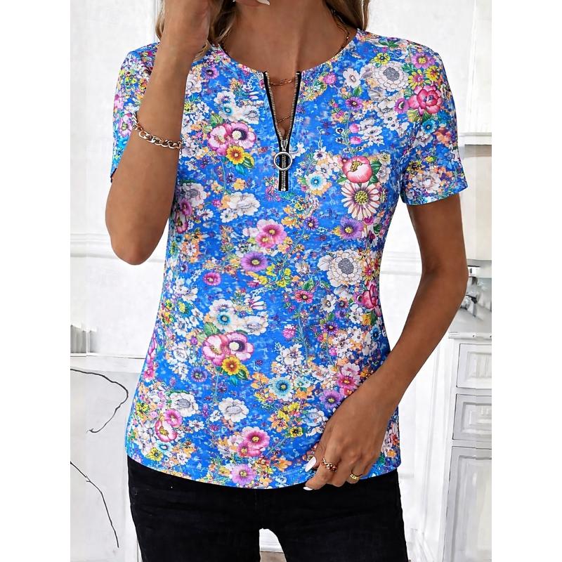 Women's Zipper Short Sleeve T-shirt, Casual Home T-shirt