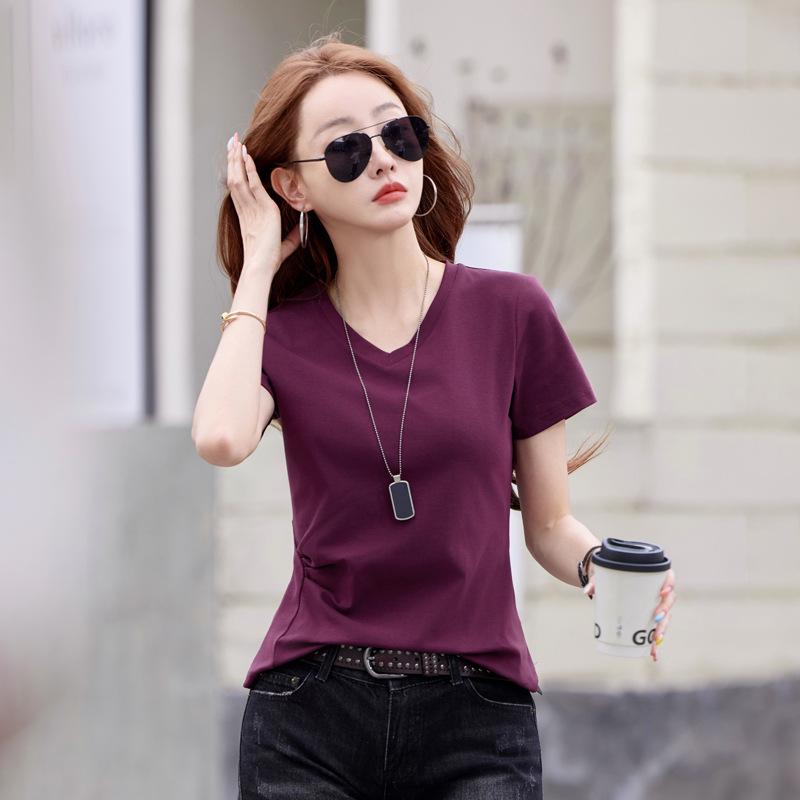 Women's Summer V-Neck Pleated Waist T-Shirt - Cotton, Short Sleeve, Elegant Korean Style