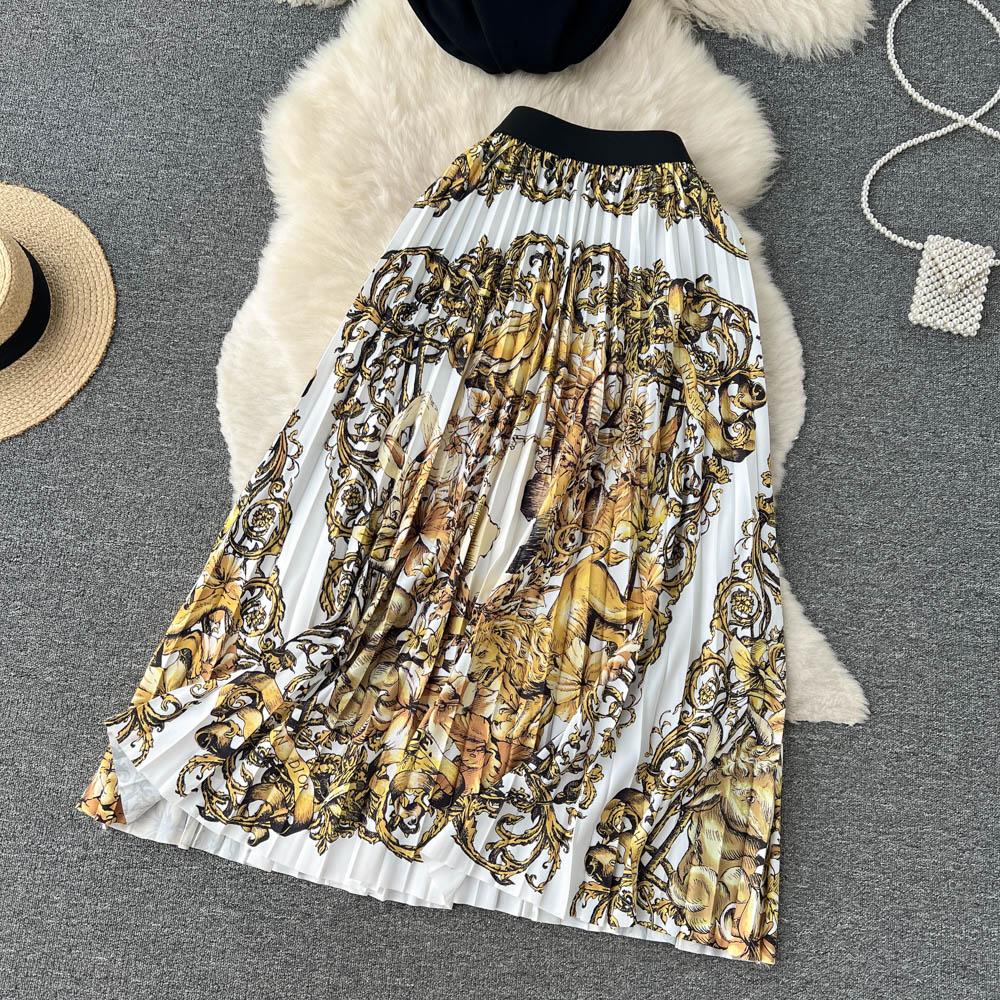 Ethnic Style Two-Piece Suit Women's Summer Temperament Short T-Shirt Top Printed High Waist Pleated Skirt