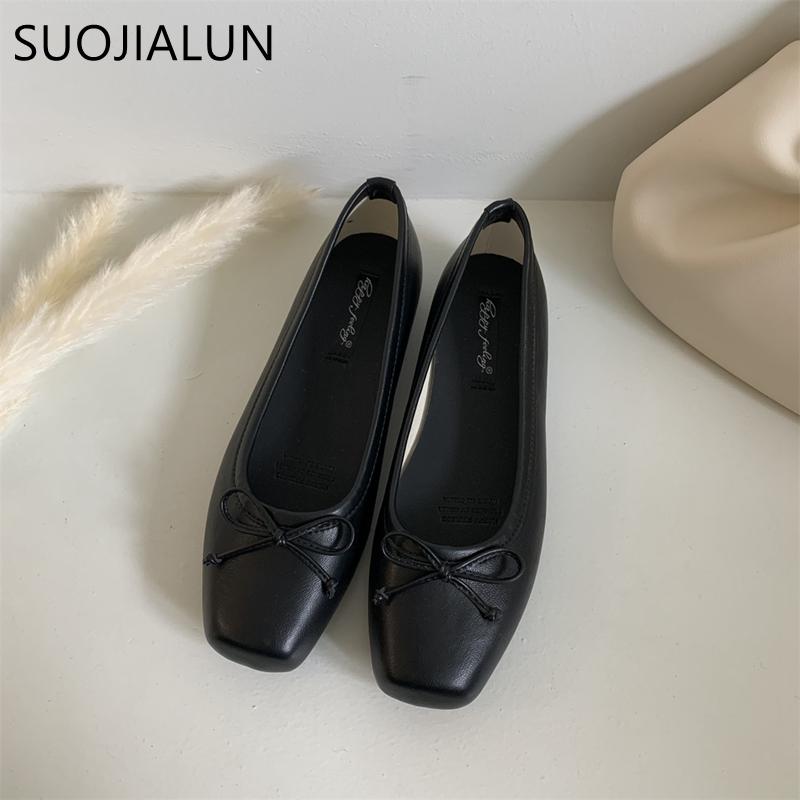 Fashion SUOJIALUN 2025 New Women Flat Shoes Fashion Square Toe Shallow Slip On Ladies Casual Ballet Shoes Soft Leather Outdoor Loafers S