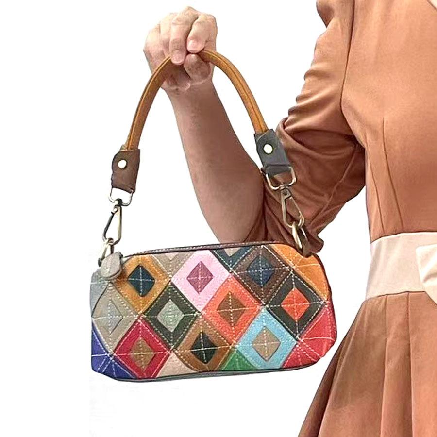 Women S Handbag, Armpit Bag, Colored Leather Splicing Plaid Mobile Phone Bag, Shoulder Messenger Bag.