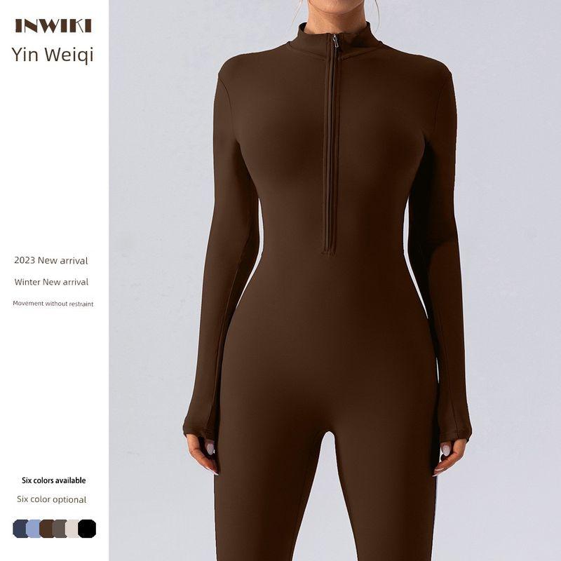 Export Zipper Nude Feel Long Sleeves Yoga Jumpsuit Women's Sports Running Workout Training Dance One-Piece Jumpsuit