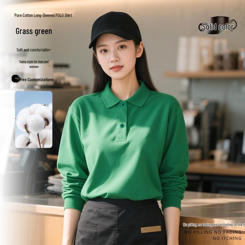 Customizable Pure Cotton Long-Sleeved Autumn/Winter Barista Uniforms for Milk Tea Shops, Dessert Shops, Fast Food Restaurants, and Catering.