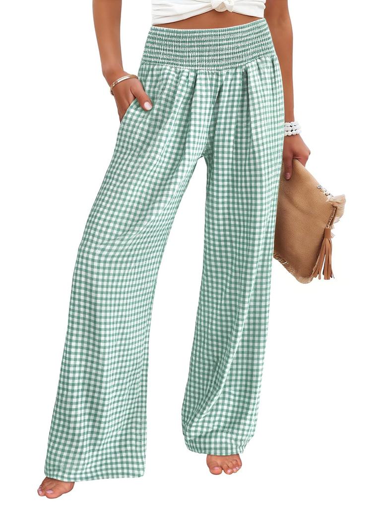 Women's High Waist Elastic Waistband Wide Leg Pants Multi Color and Pattern Plaid and Solid Options