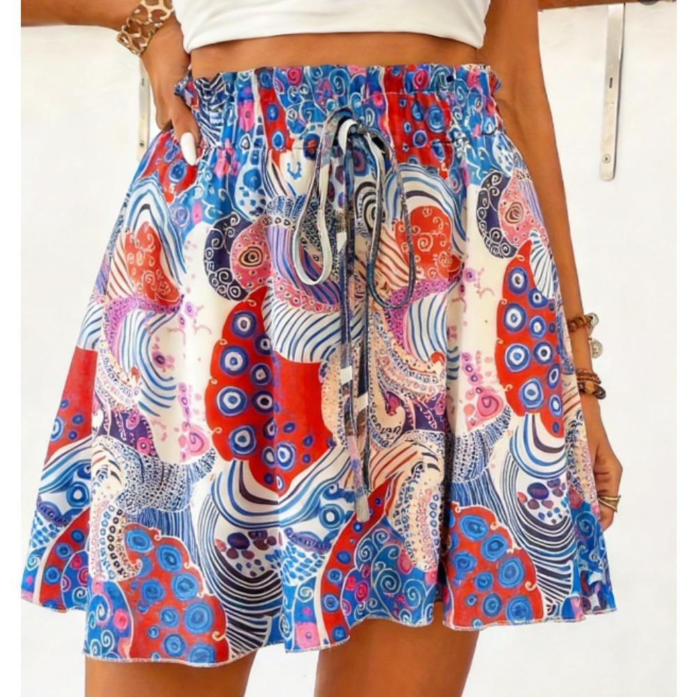 Falda Pantalón Casual Fluida de Cintura Alta Elástica con Cordón Estampado Paisley para Mujer