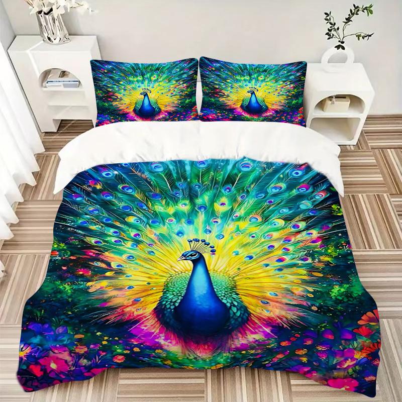 3pcs Colorful Peacock Quilt Set Cartoon Themed Bed Quilt Set Lovely Character Bedroom Decor Bed Quilt Set Four Seasons (1 Cover + 2Pillowcase NO