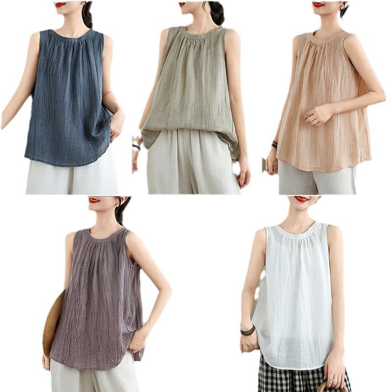 Retro Artistic Hemp Cotton-Linen Loose Women's Vest Svel Summer Faion Pleated Top Casual Versatile Outerwear