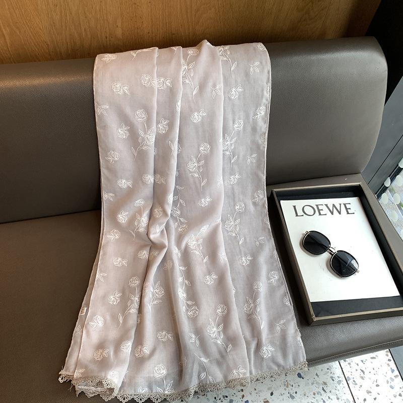 Four Seasons Cotton And Linen Feel Scarf Plain Floral Lace Soft Skin-Friendly Small Fresh Accessories Silk Scarf Women'S Shawl