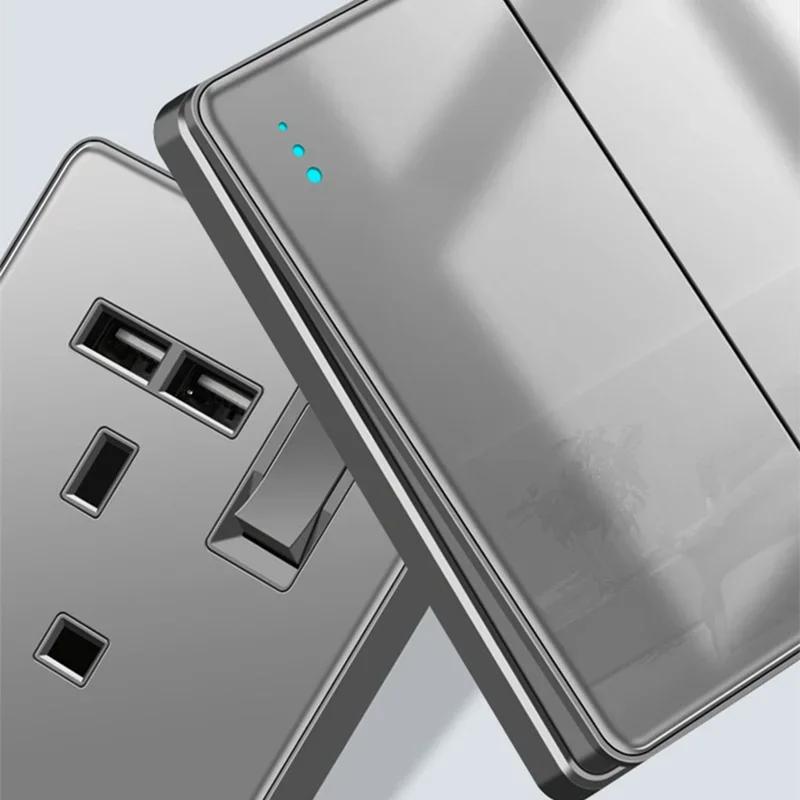Deluxe Grey Tempered Glass Panel UK 13A Plug Electrical Socket, Double 5 Pin Socket and Switch, EU Universal USB C Wall Socket