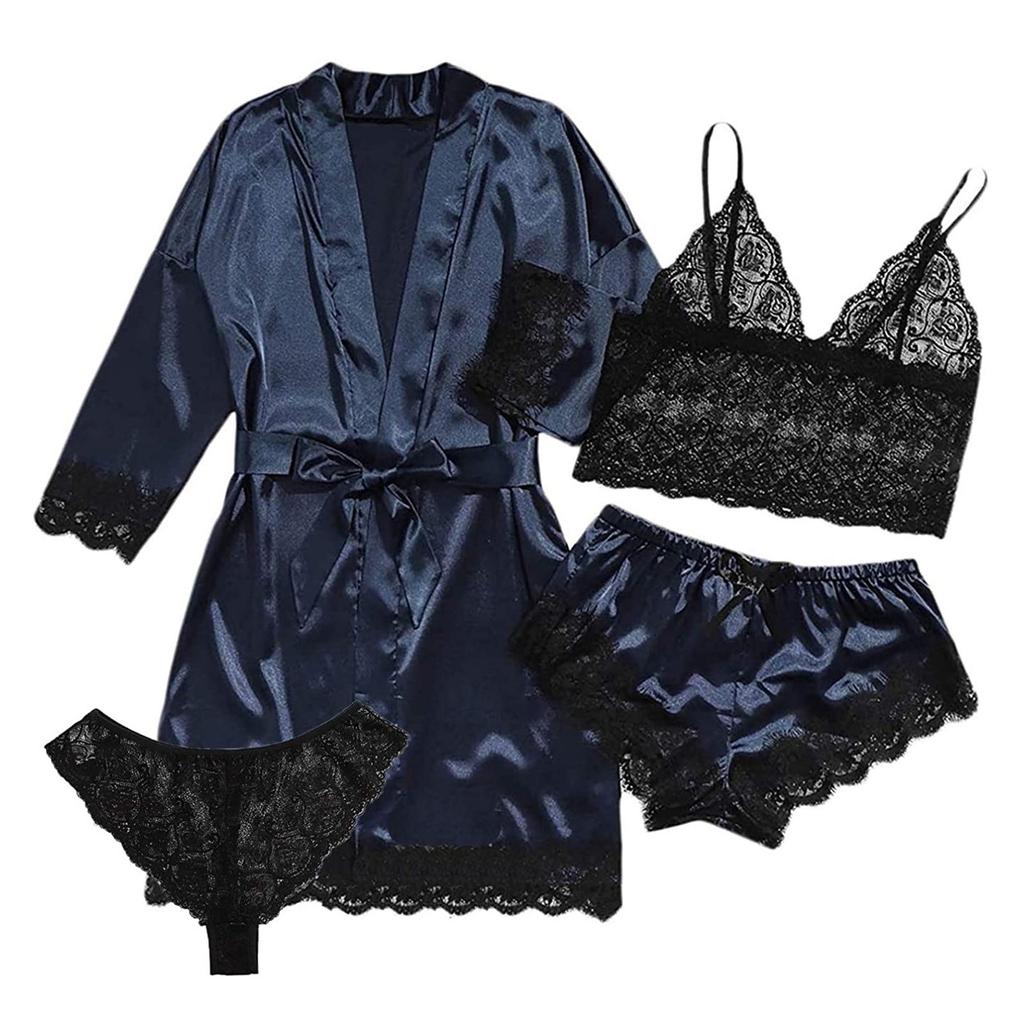 4-Piece Women Sexy Garter Lingerie Set Robes Lace Bodysuit Deep-V Neck Underwear