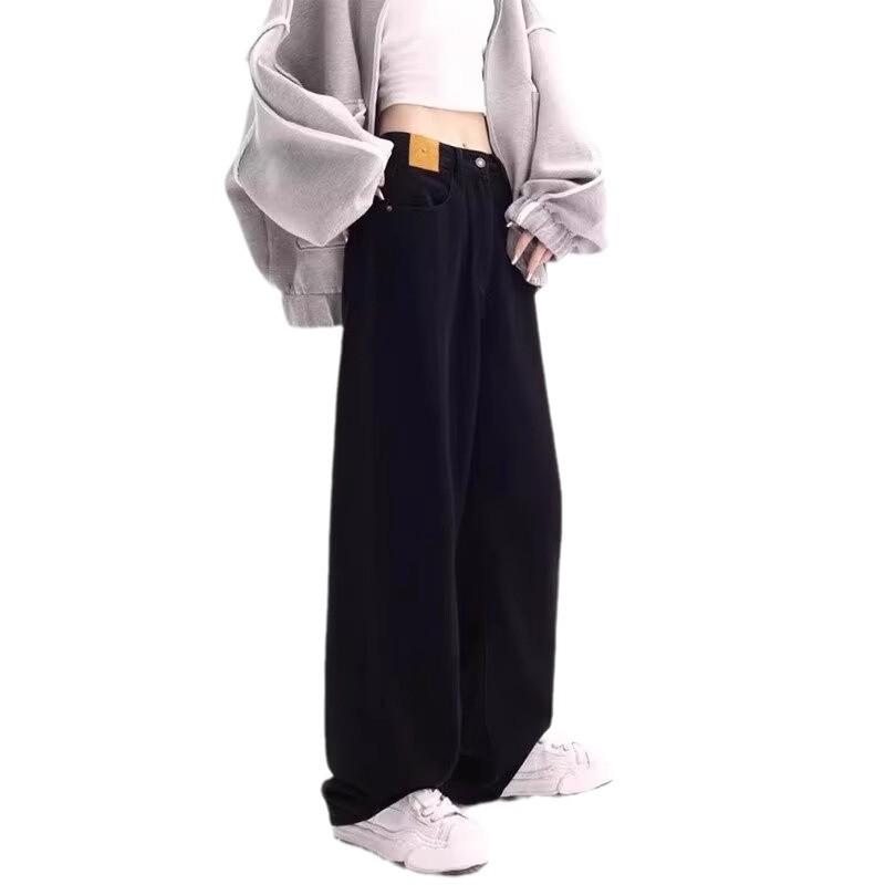 Women's American Retro Black Straight-Leg Jeans - Slimming, Pear-Shaped Fit, Wide Leg, Spring/Autumn 2024 Collection