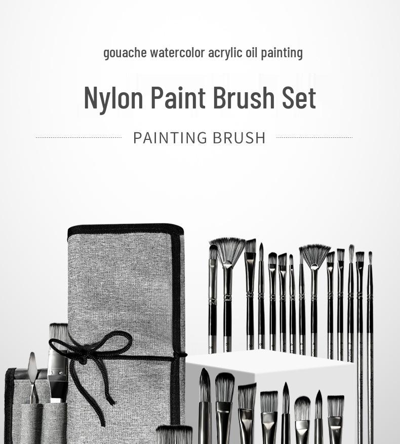 24-Piece Nylon Paint Brush Set with Canvas Roll-Up Case for Gouache, Watercolor, and Oil Painting