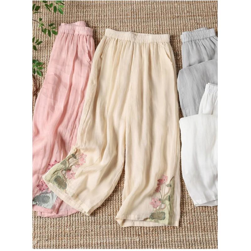 Women's Summer Chinese Ethnic Style Retro Wide Leg Pants Embroidery Breathable Casual Pants