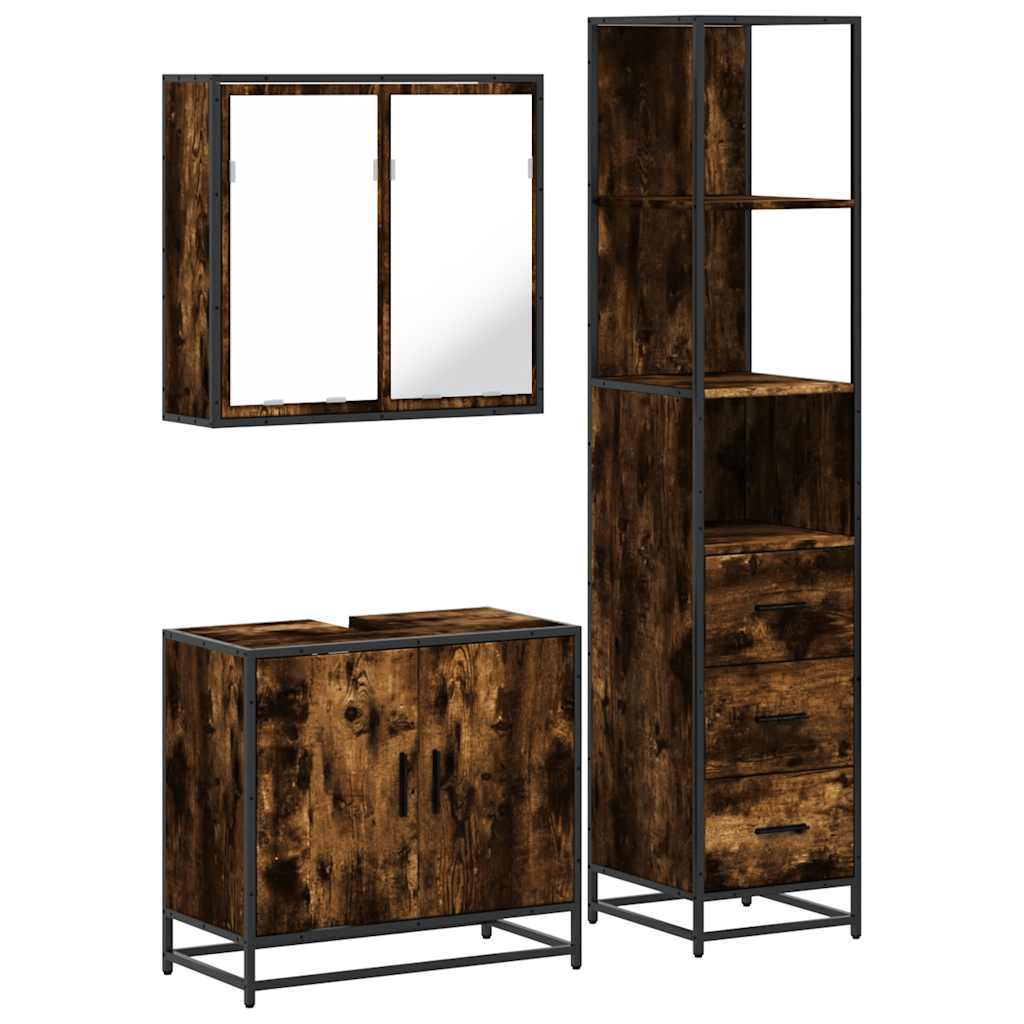 3 Piece Bathroom Furniture Set Smoked Oak Wood Based Material