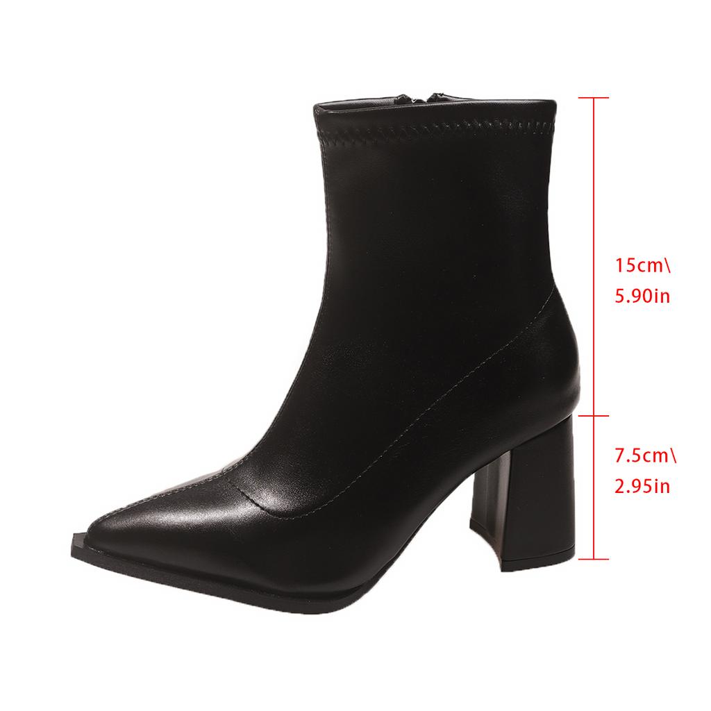 High Heel Skinny Boots Women's Autumn New Pointed Toe Rear Zipper Anti-Slip Wear-Resistant Block Heel Short Boots