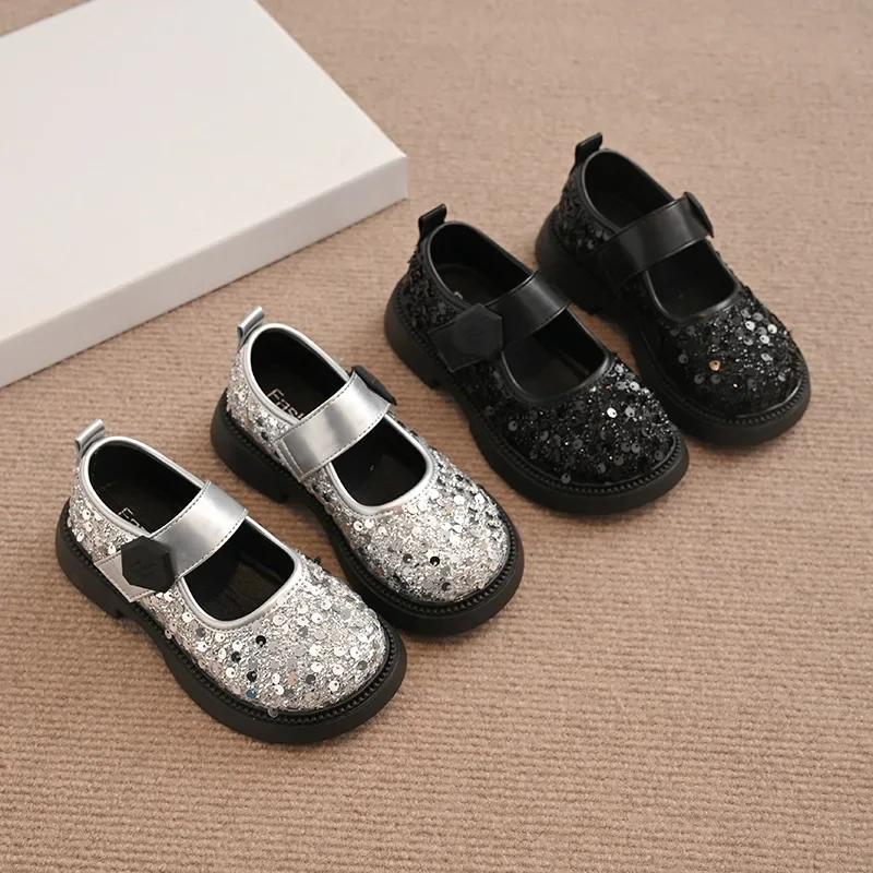 Girls Princess Shoes with Shiny Sequin Kids Leather Shoes Round Toes Hook&loop 2025 New Fashion Children Flat Shoes Non-slip