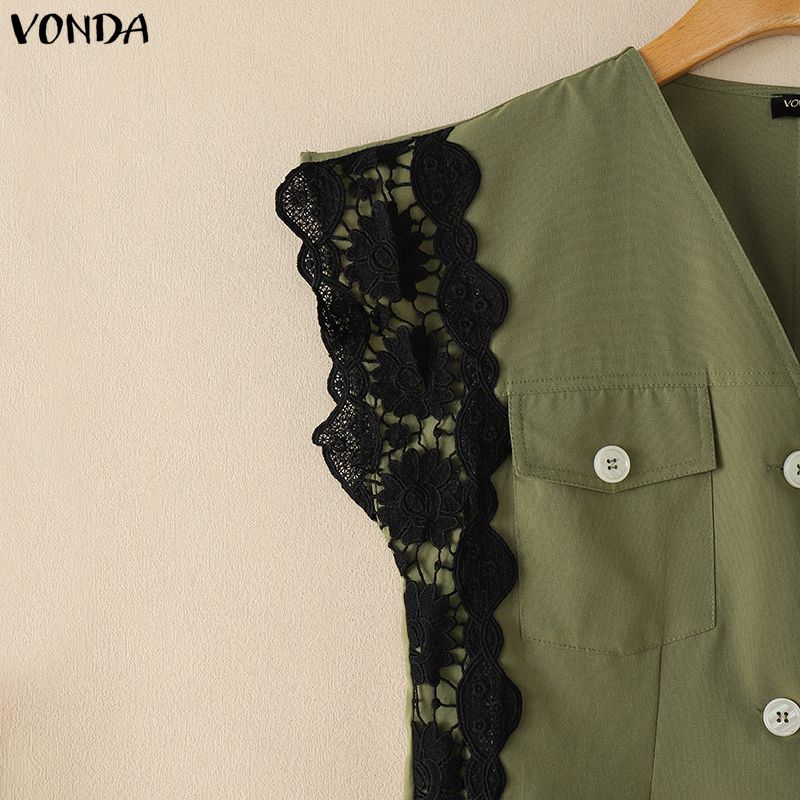 VONDA 2PCS Summer Women Sleeveless Lace Splicing Tank Tops and Shorts Pants Casual Sets