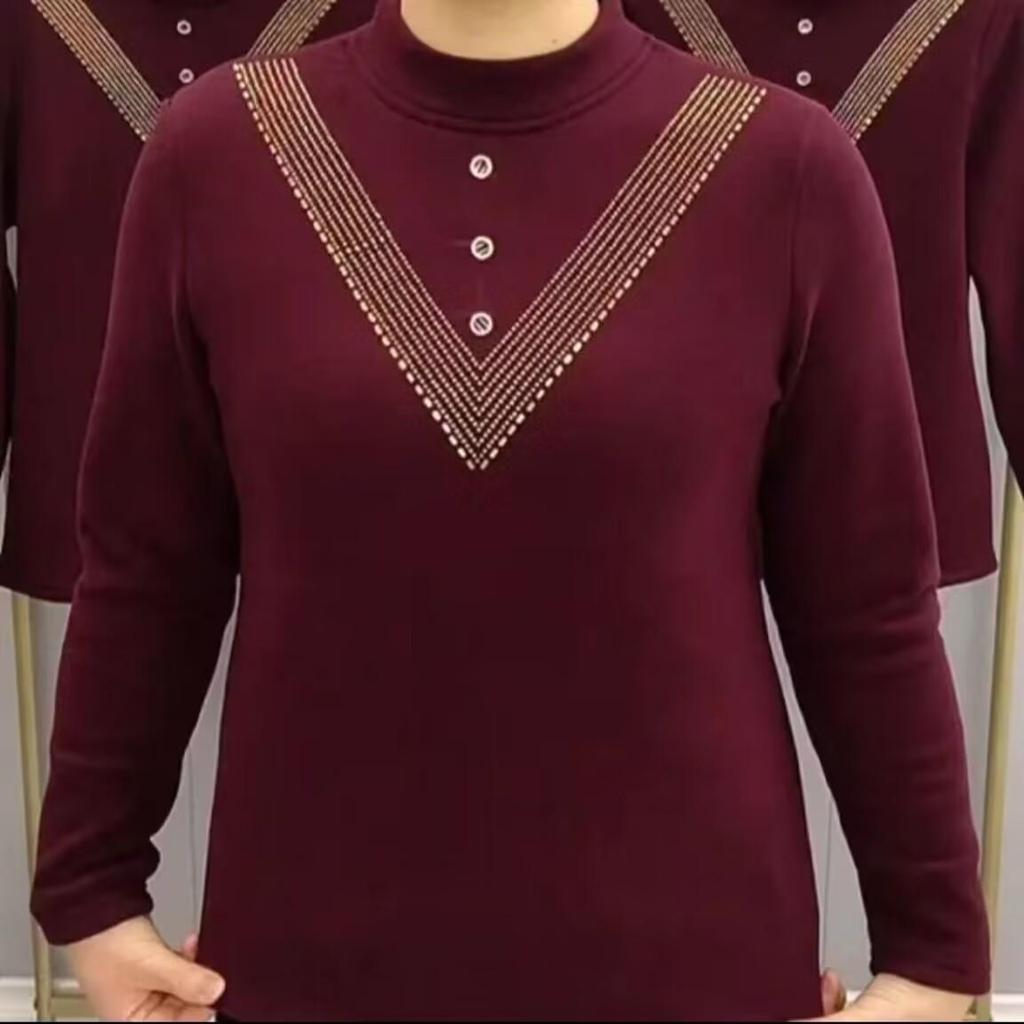 Double-Sided Threaded Velvet Rhinestone Slimming Semi-High Neck Top - Autumn/Winter Warm Base Layer