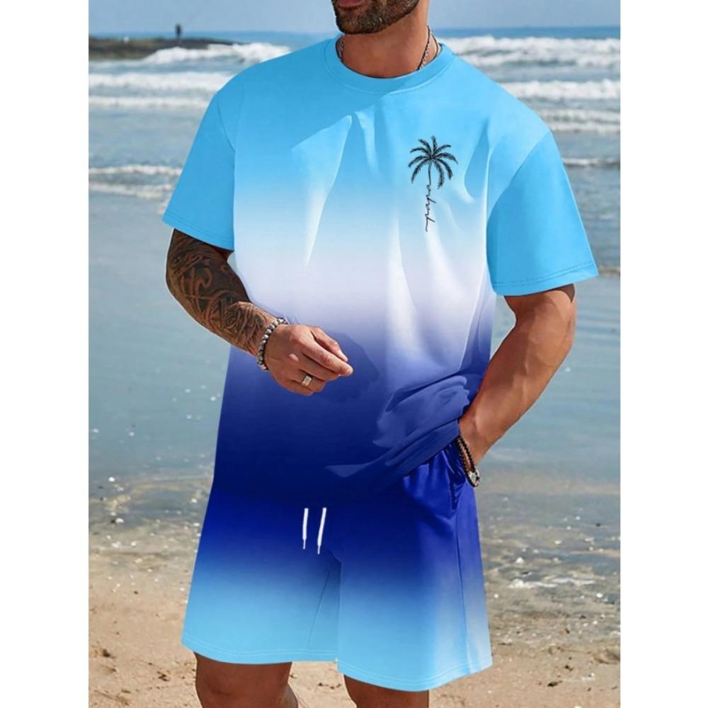 Herren Kurzarm Set Farbverlauf Print T-Shirts Shorts mit Kordelzug Urlaubsstrand Kurzarm Oberteil Shorts Zweiteiliges Set
