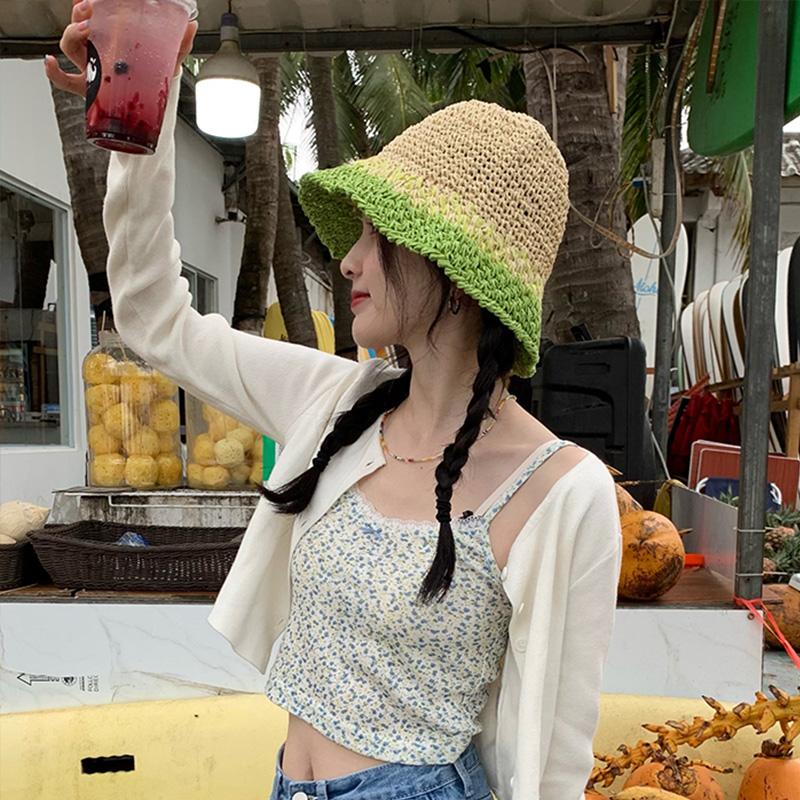 

Gradually change color straw hat women s summer breathable face small bucket hat vacation sunshade sun hat average size (55-58cm) небо синє кольору