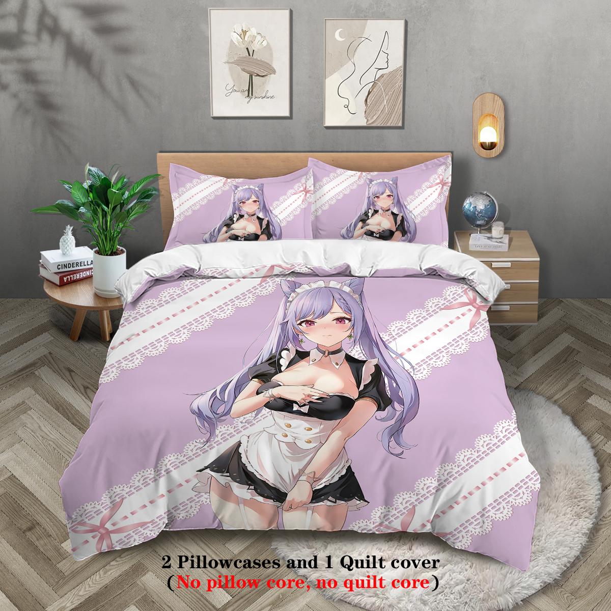 

3-piece down duvet cover with anime beautiful girl pattern print (1 duvet cover+2 pillowcases, no core) comfortable bedding set 135x200cm-EU-Single